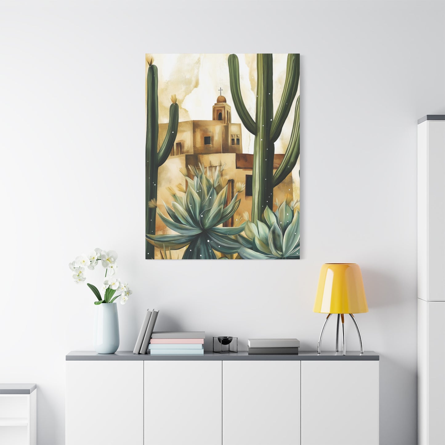 Canvas Wall Art - Desert Adobe Church and Cacti Flourish