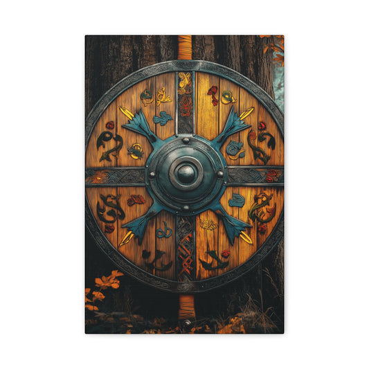 Viking Shield Wall Art - Matte Canvas Print, 1.25" Depth, Rustic Fantasy Decor