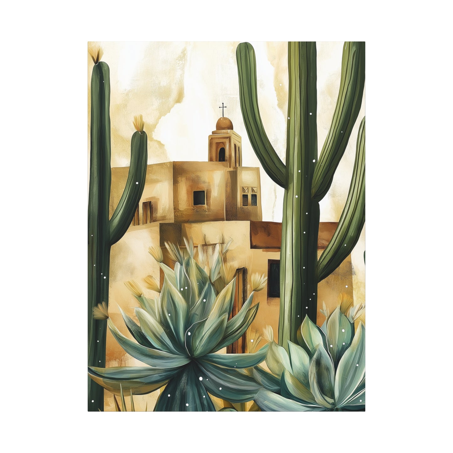 Canvas Wall Art - Desert Adobe Church and Cacti Flourish