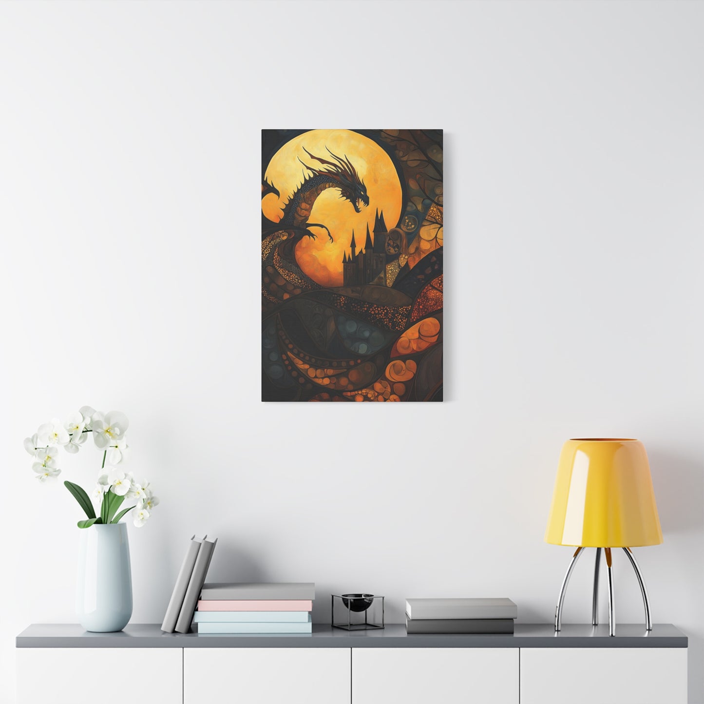 Fantasy Dragon Canvas Wall Art – Majestic Castle & Midnight Sky