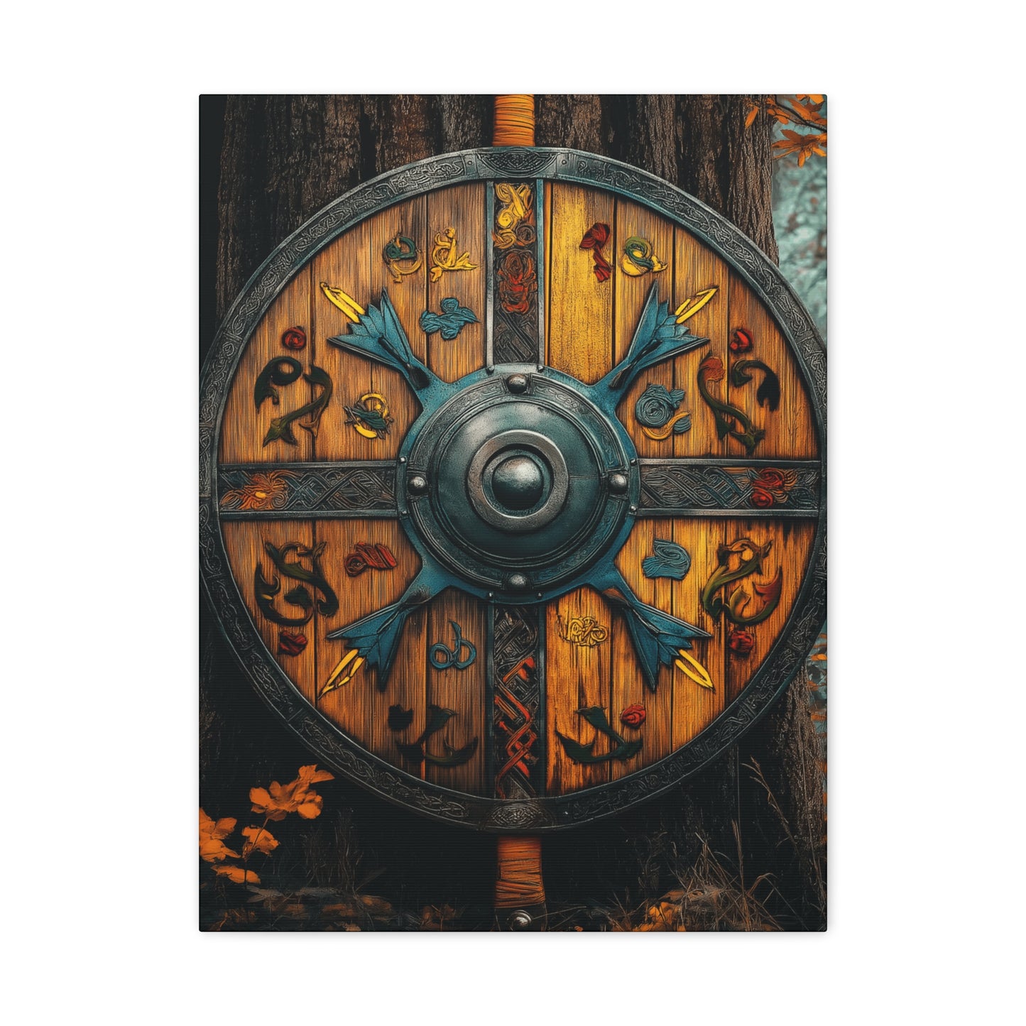 Viking Shield Wall Art - Matte Canvas Print, 1.25" Depth, Rustic Fantasy Decor
