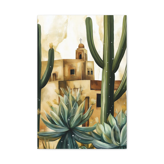 Canvas Wall Art - Desert Adobe Church and Cacti Flourish