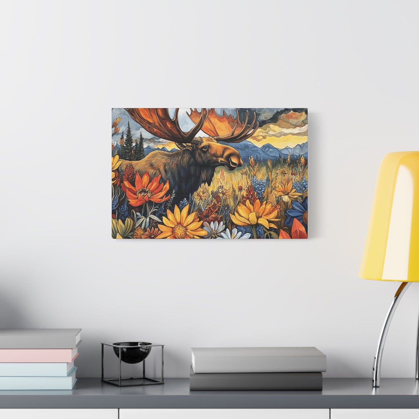 Wildlife Canvas Art - Moose in Floral Landscape