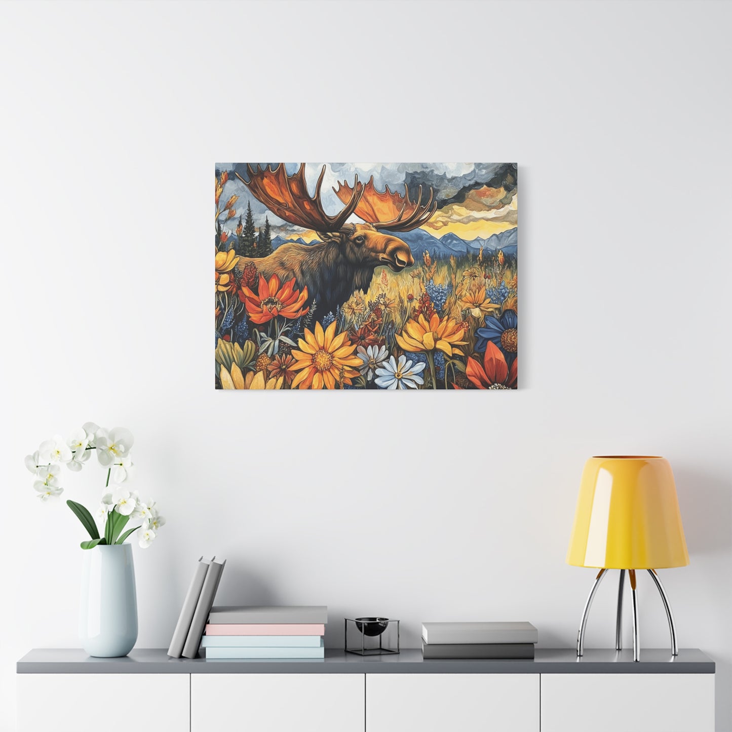 Wildlife Canvas Art - Moose in Floral Landscape