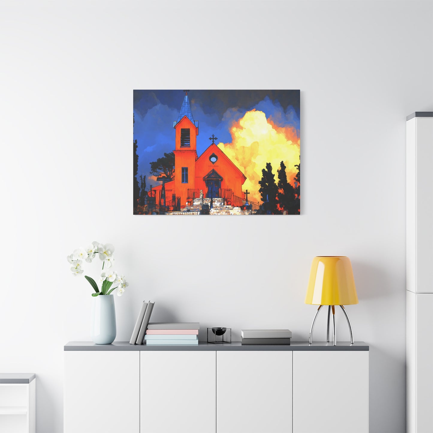 Canvas Print - Red Church & Yellow Clouds