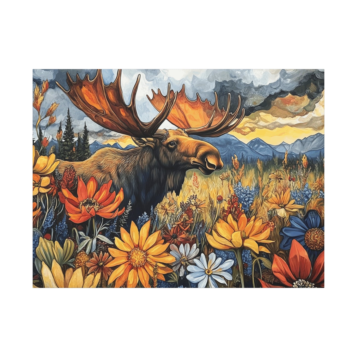 Wildlife Canvas Art - Moose in Floral Landscape