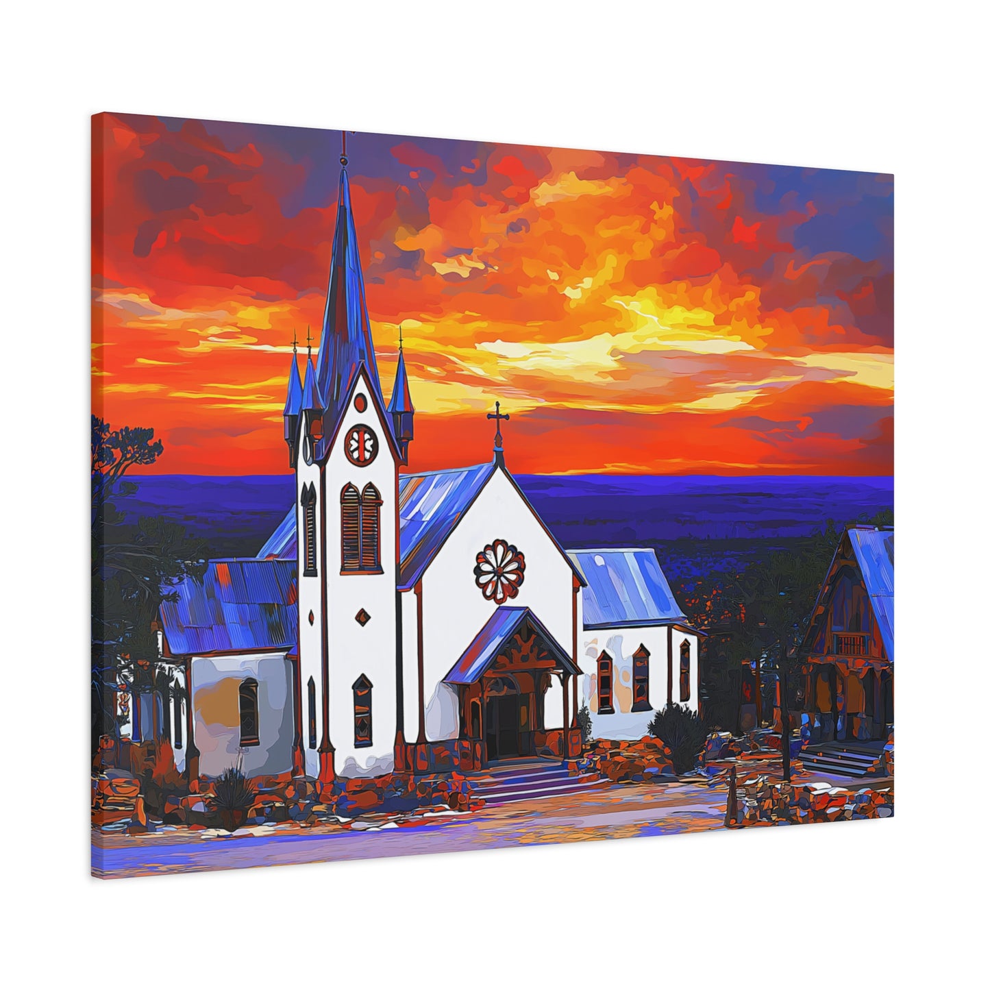 Canvas Print - Bold White Church with Fire Sky