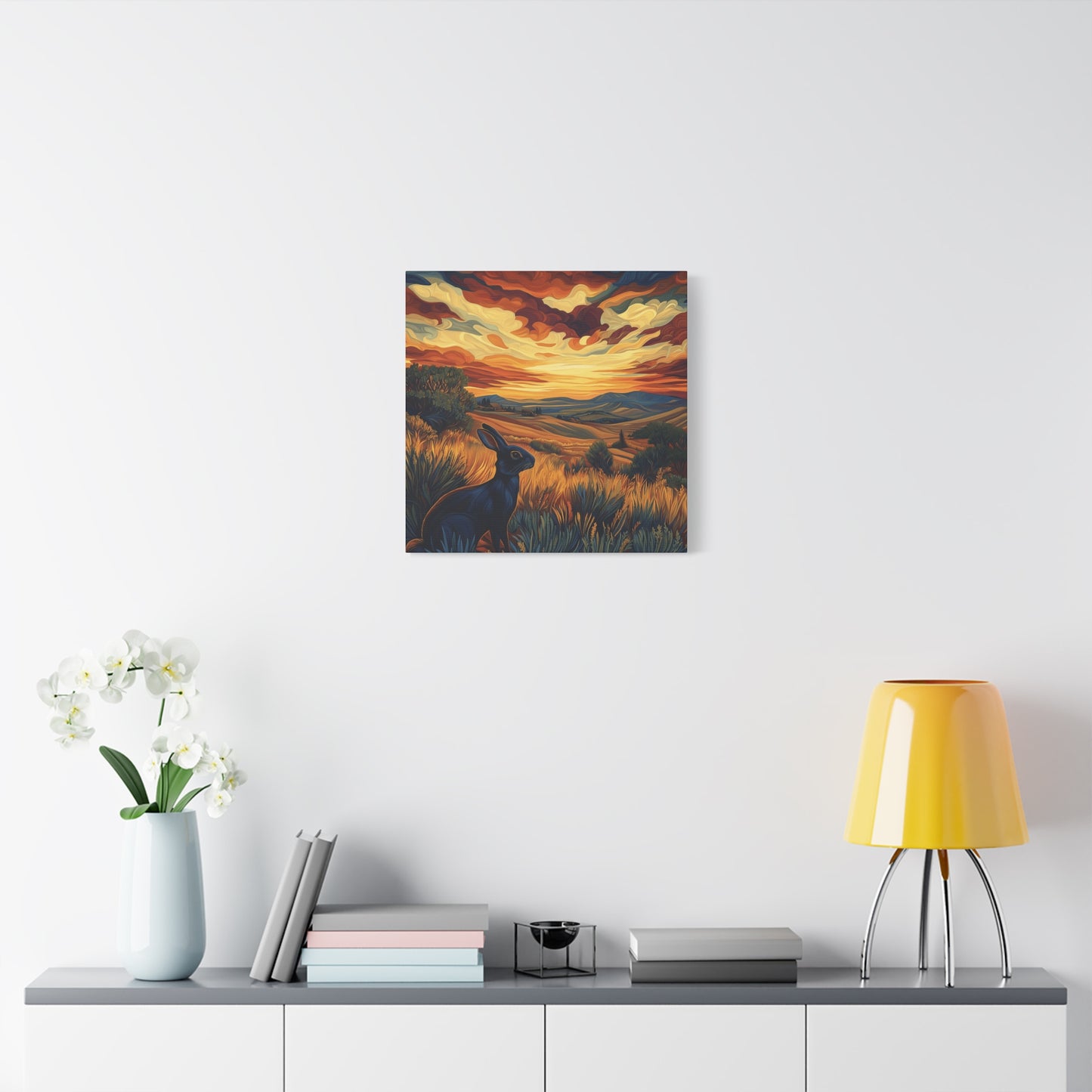 Serene Landscape Canvas Art - Black Rabbit at Sunset