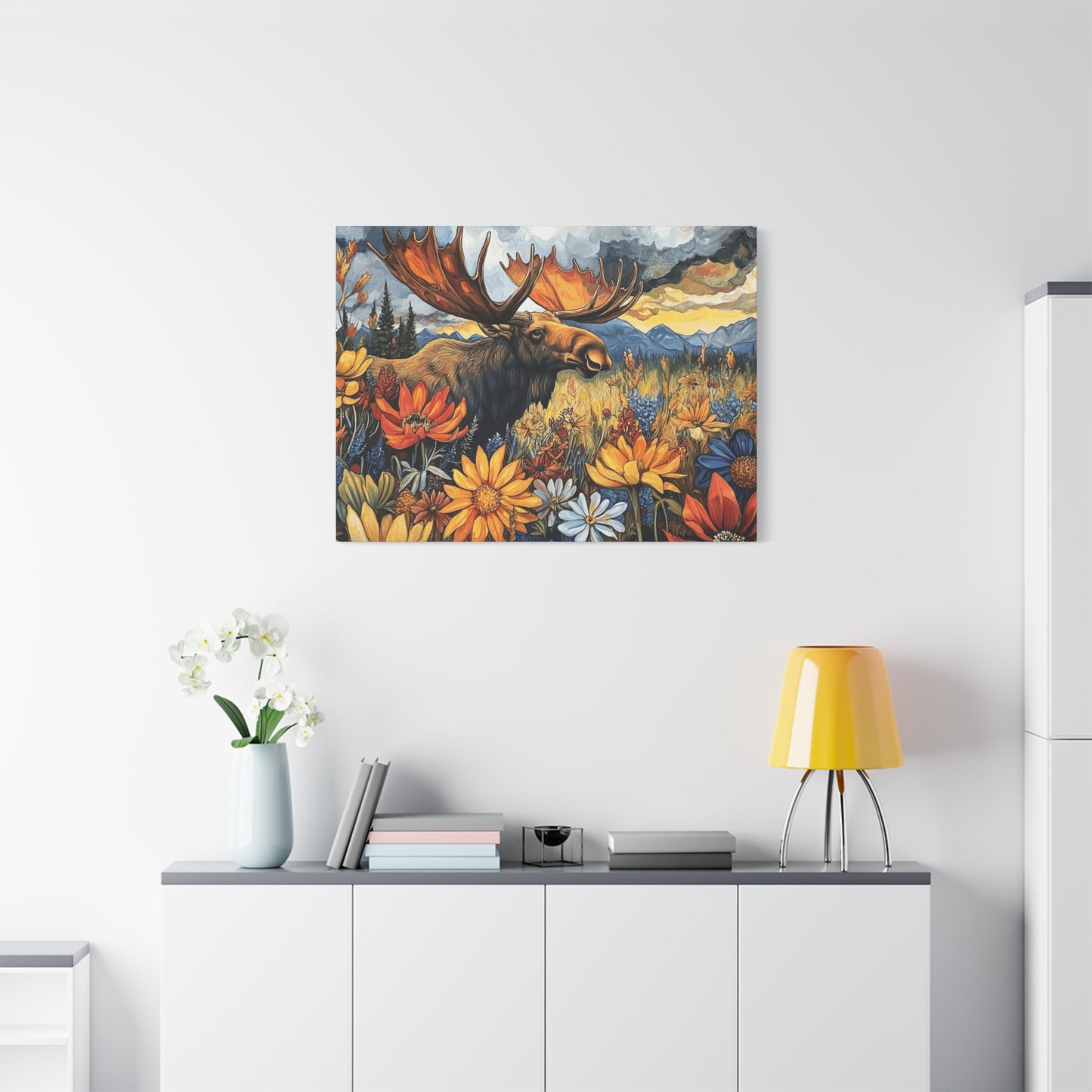 Wildlife Canvas Art - Moose in Floral Landscape