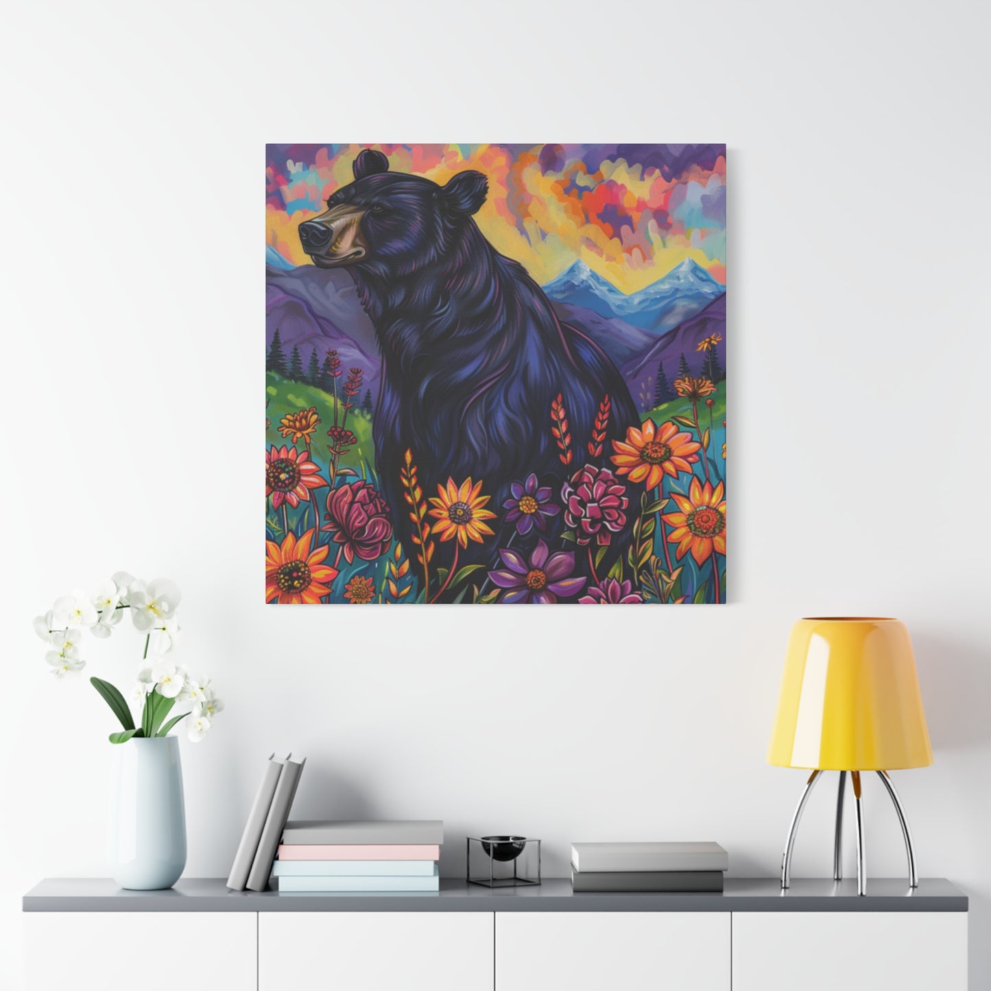 Canvas Wall Art Black Bear Purple Mountains