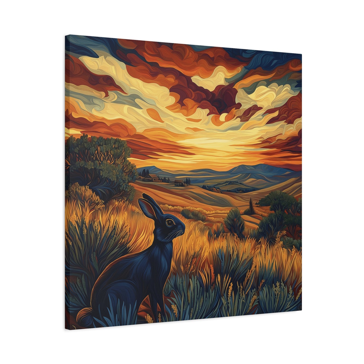 Serene Landscape Canvas Art - Black Rabbit at Sunset