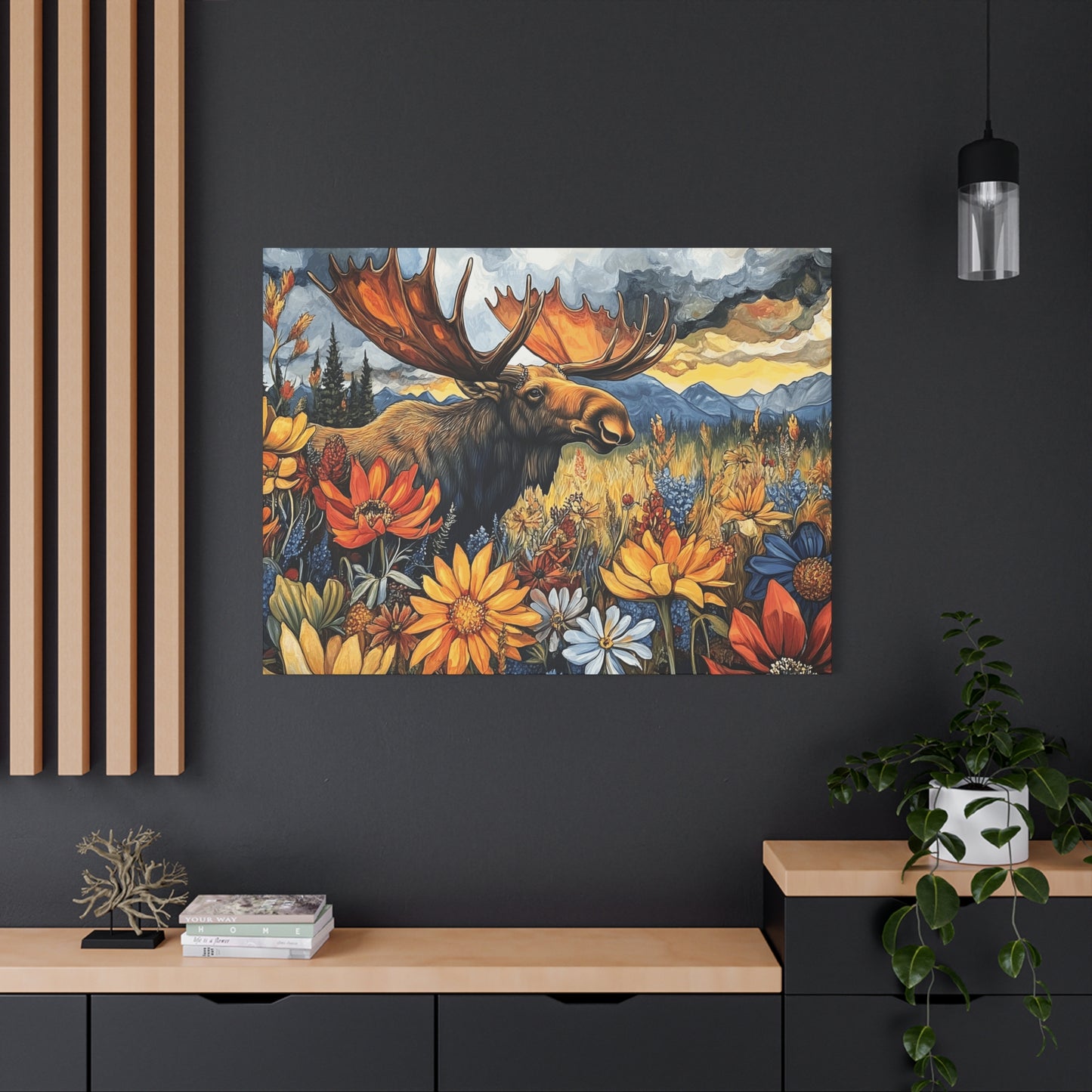 Wildlife Canvas Art - Moose in Floral Landscape