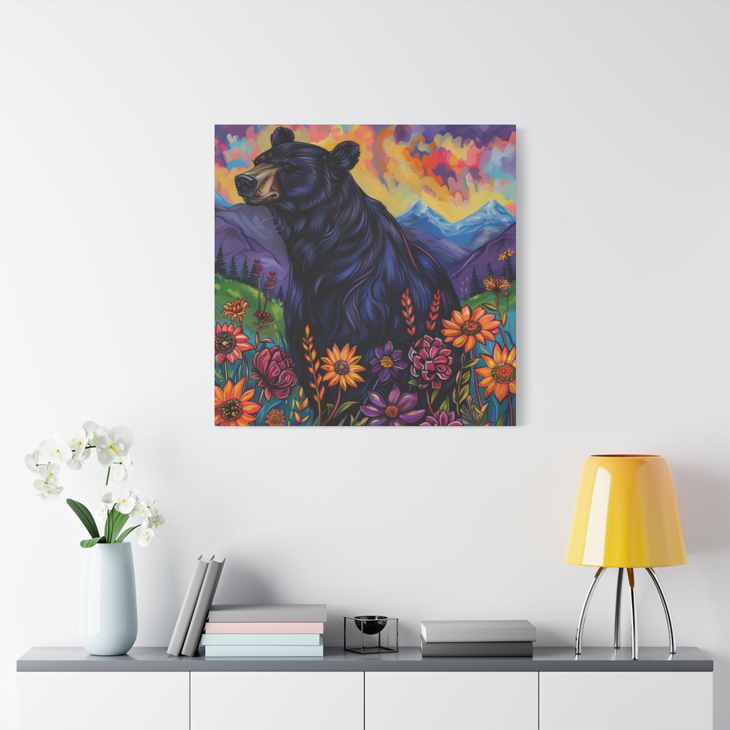 Canvas Wall Art Black Bear Purple Mountains