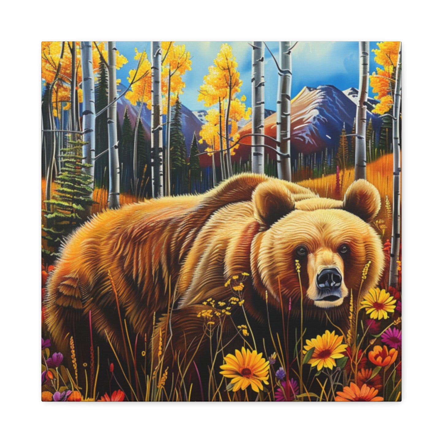 Brown Bear in Mountains smelling flowers