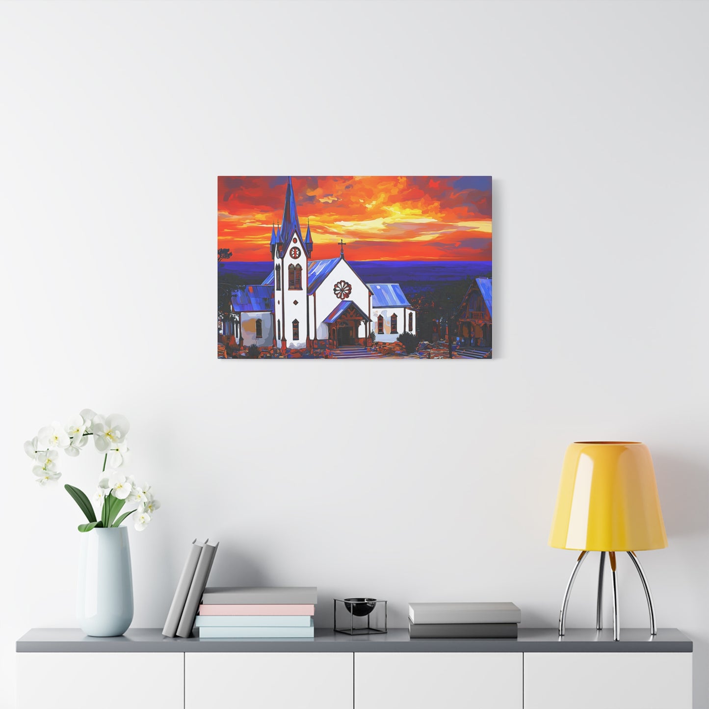 Canvas Print - Bold White Church with Fire Sky
