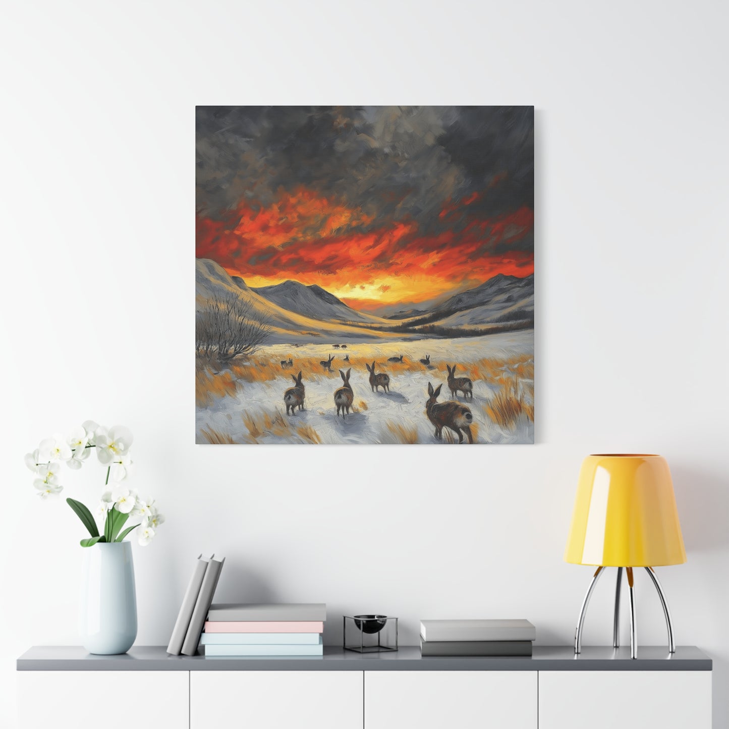 Stretched Canvas Art: Snowy Landscape with Rabbits - Perfect for Home Décor