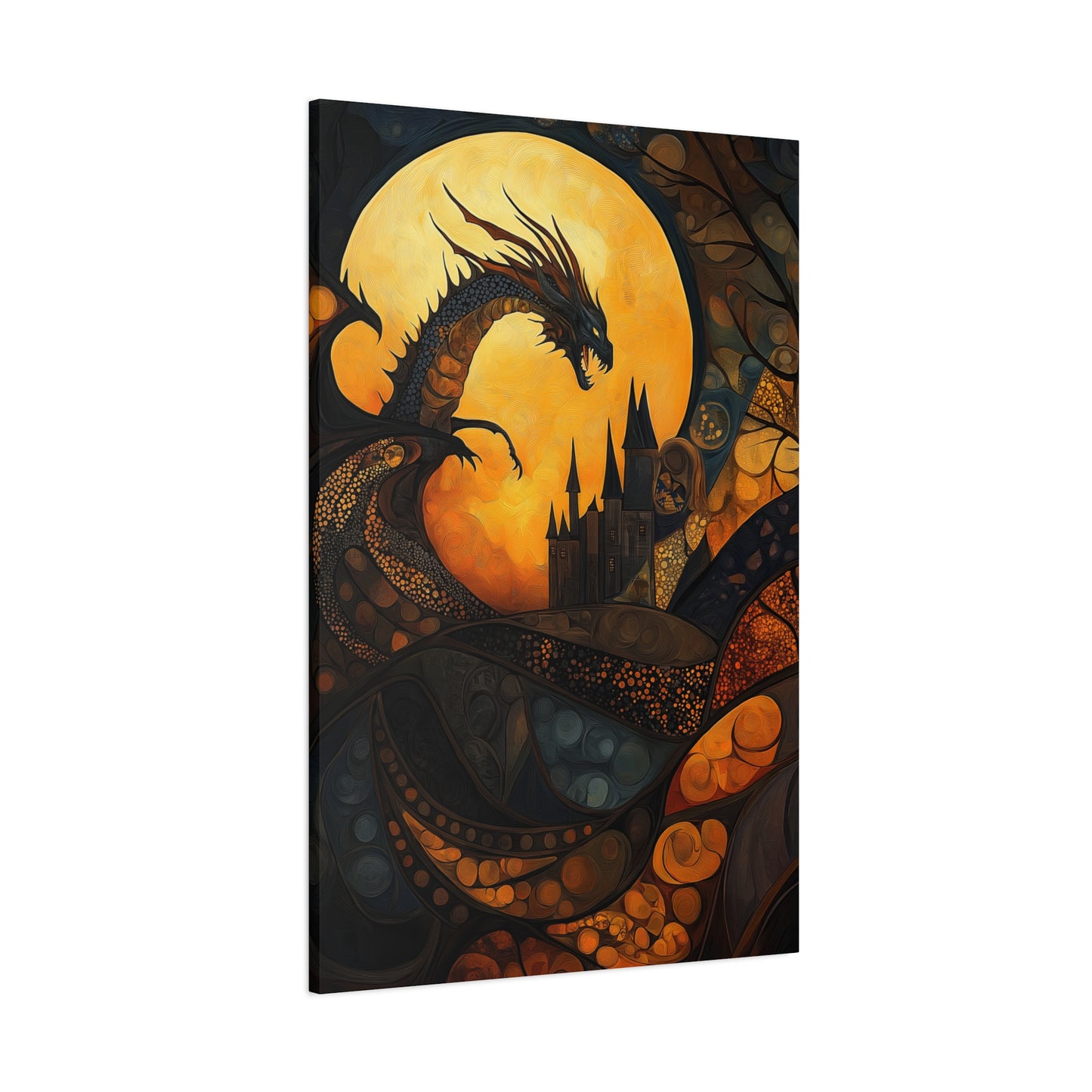 Fantasy Dragon Canvas Wall Art – Majestic Castle & Midnight Sky