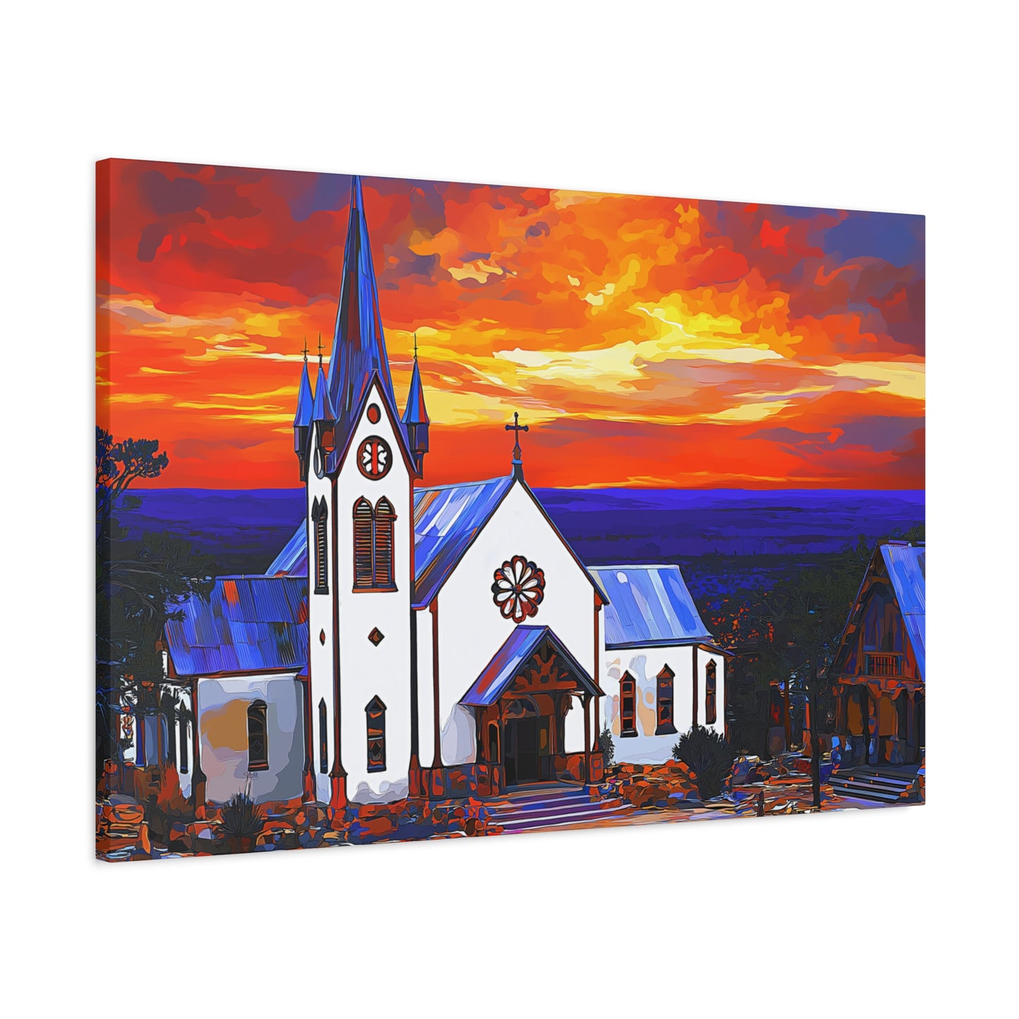 Canvas Print - Bold White Church with Fire Sky