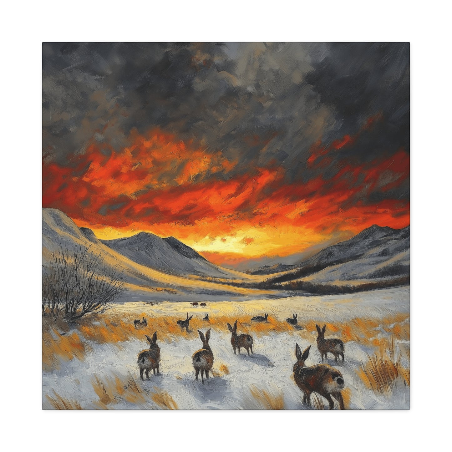 Stretched Canvas Art: Snowy Landscape with Rabbits - Perfect for Home Décor