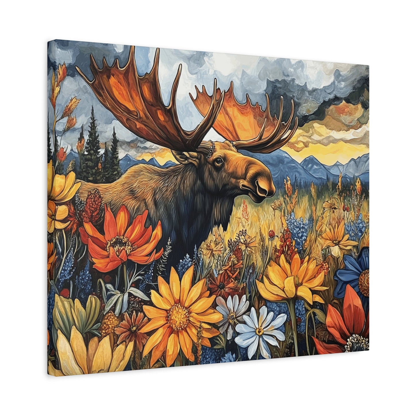 Wildlife Canvas Art - Moose in Floral Landscape