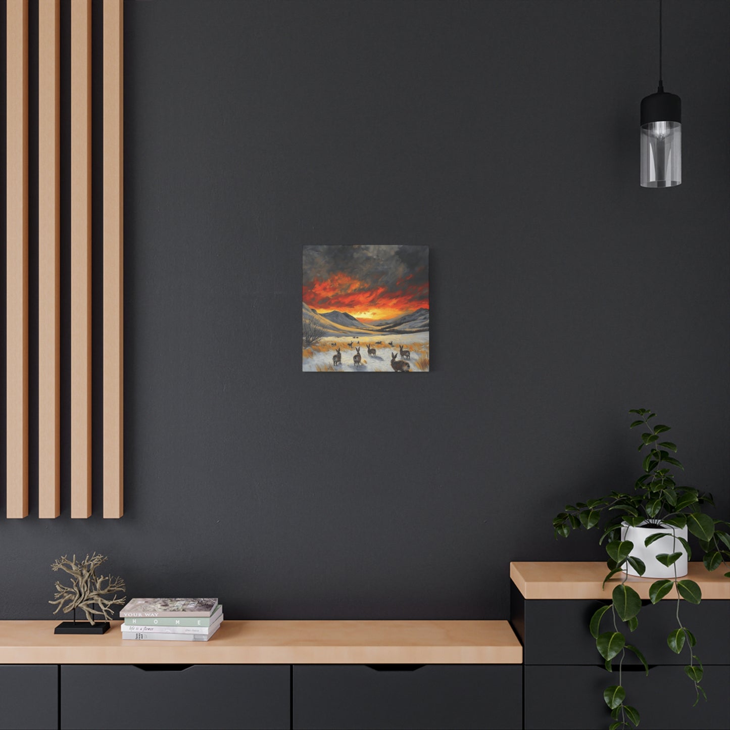 Stretched Canvas Art: Snowy Landscape with Rabbits - Perfect for Home Décor