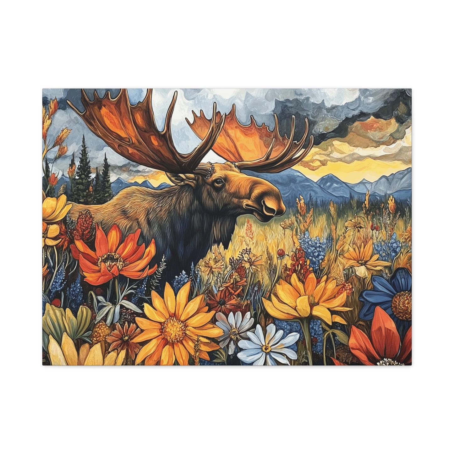 Wildlife Canvas Art - Moose in Floral Landscape