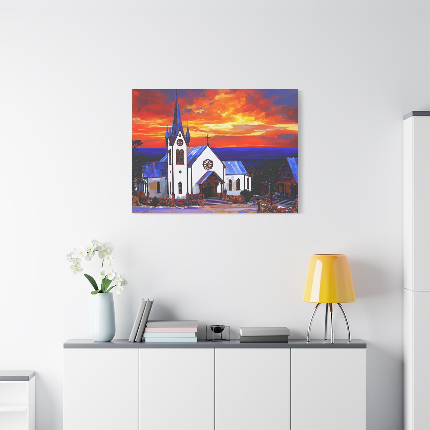 Canvas Print - Bold White Church with Fire Sky