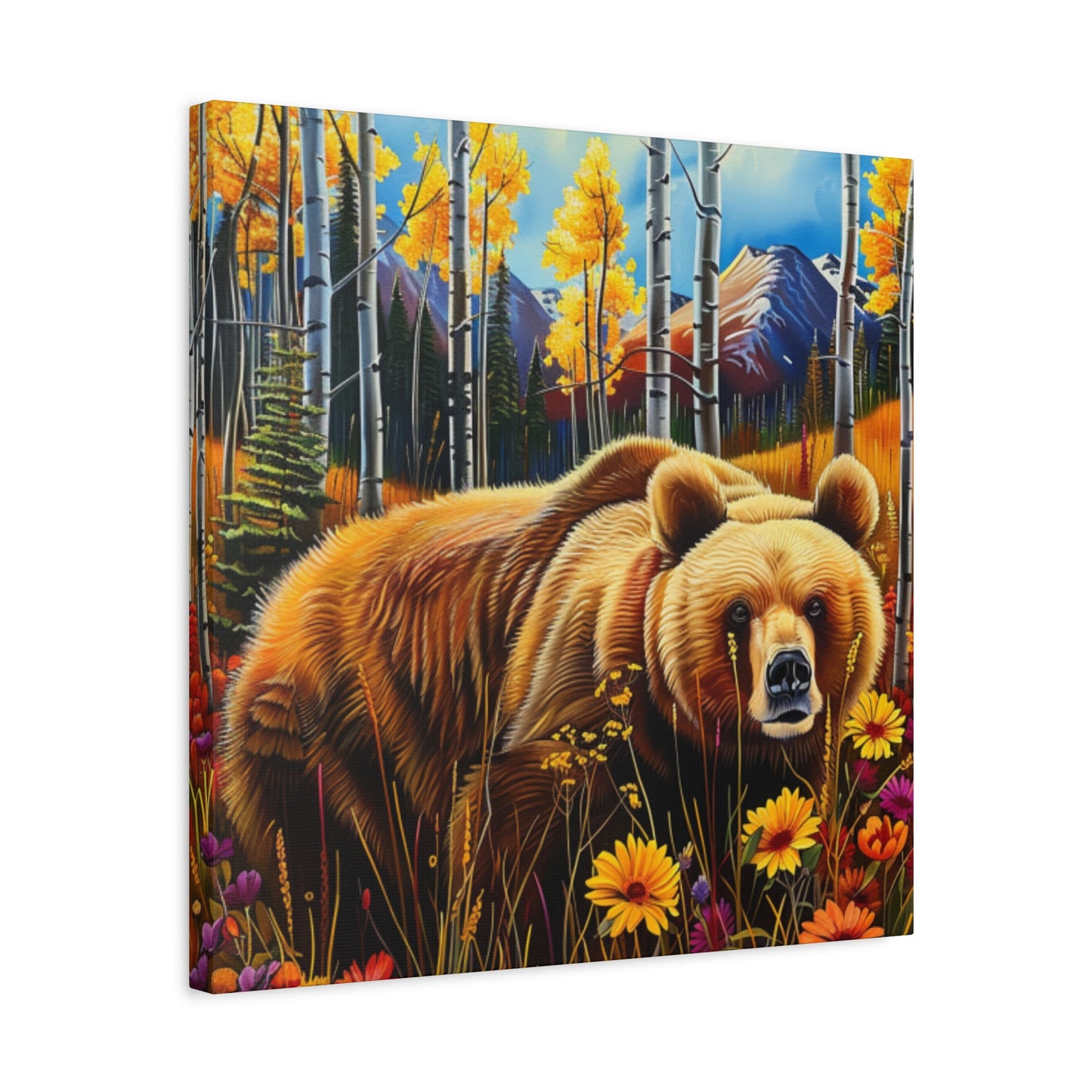 Brown Bear in Mountains smelling flowers