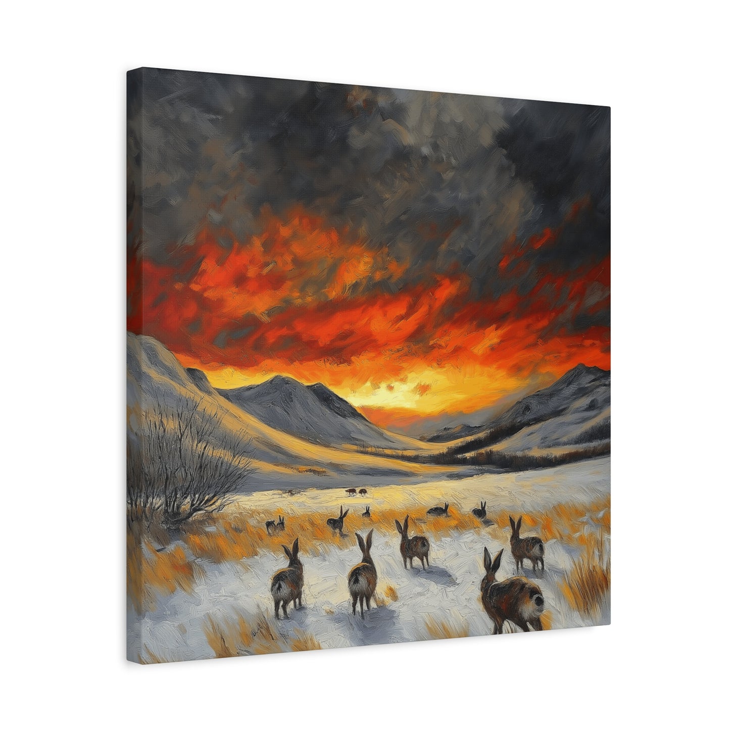 Stretched Canvas Art: Snowy Landscape with Rabbits - Perfect for Home Décor