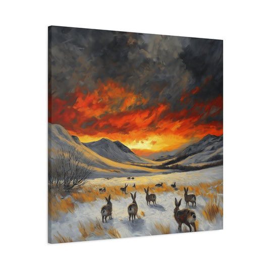 Stretched Canvas Art: Snowy Landscape with Rabbits - Perfect for Home Décor
