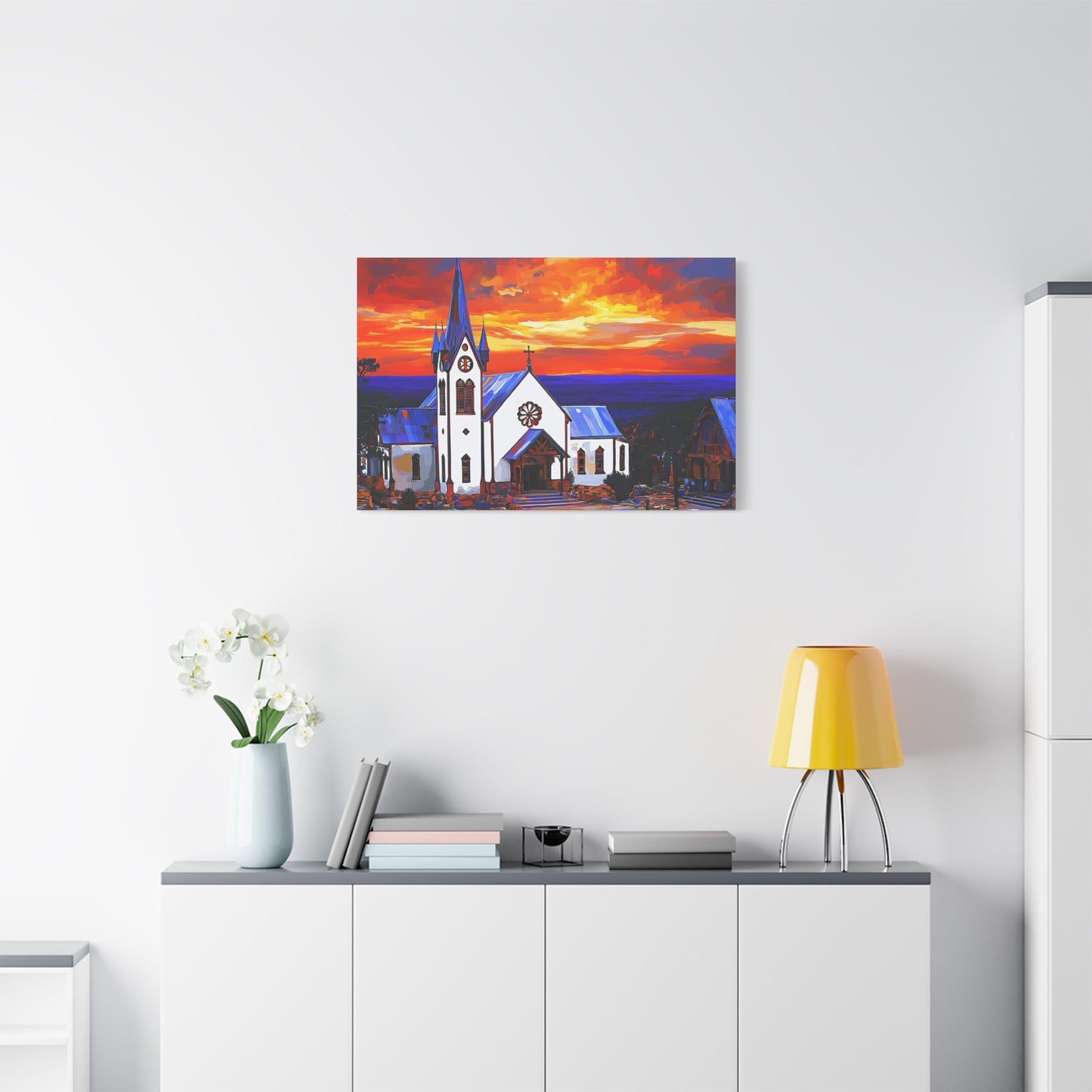 Canvas Print - Bold White Church with Fire Sky