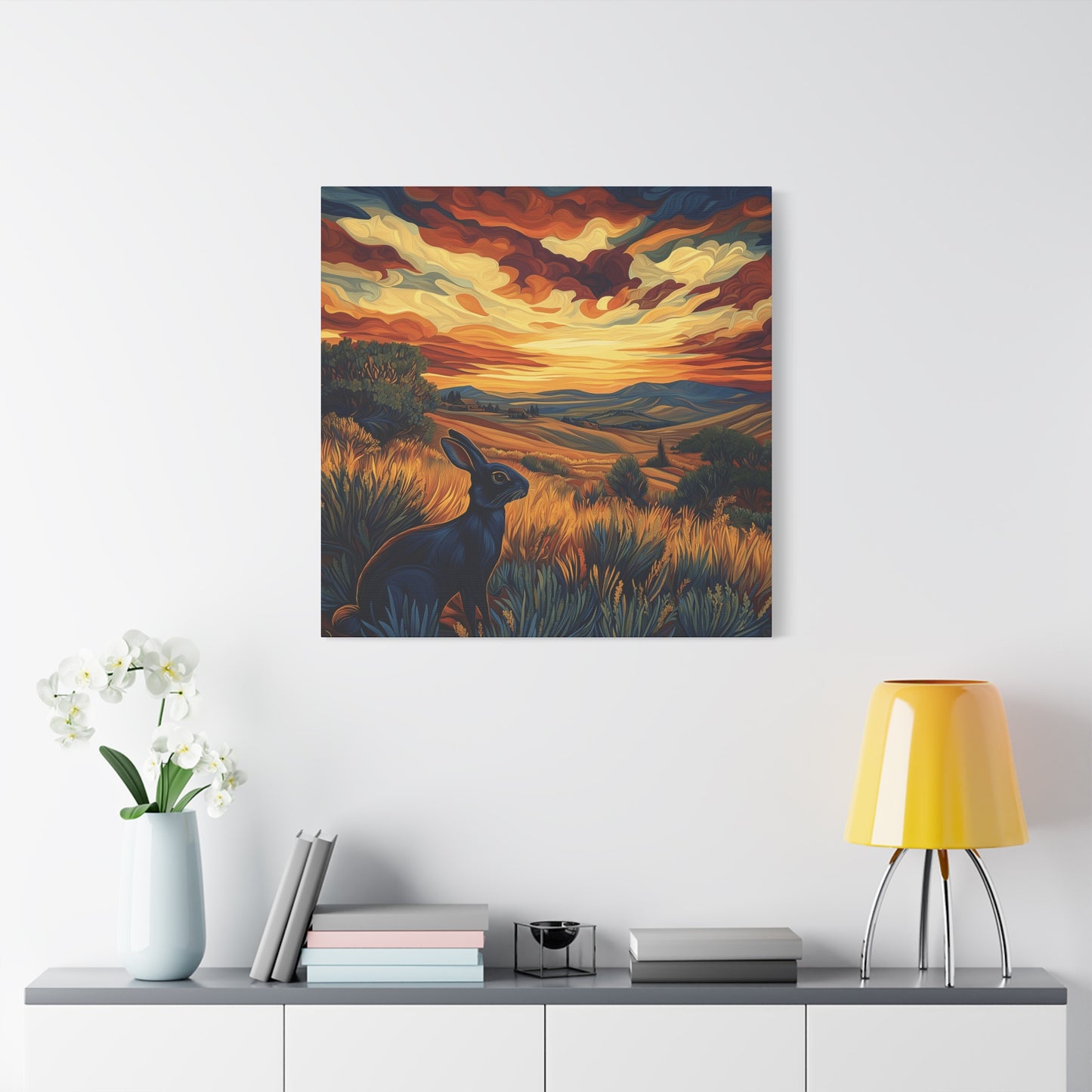Serene Landscape Canvas Art - Black Rabbit at Sunset