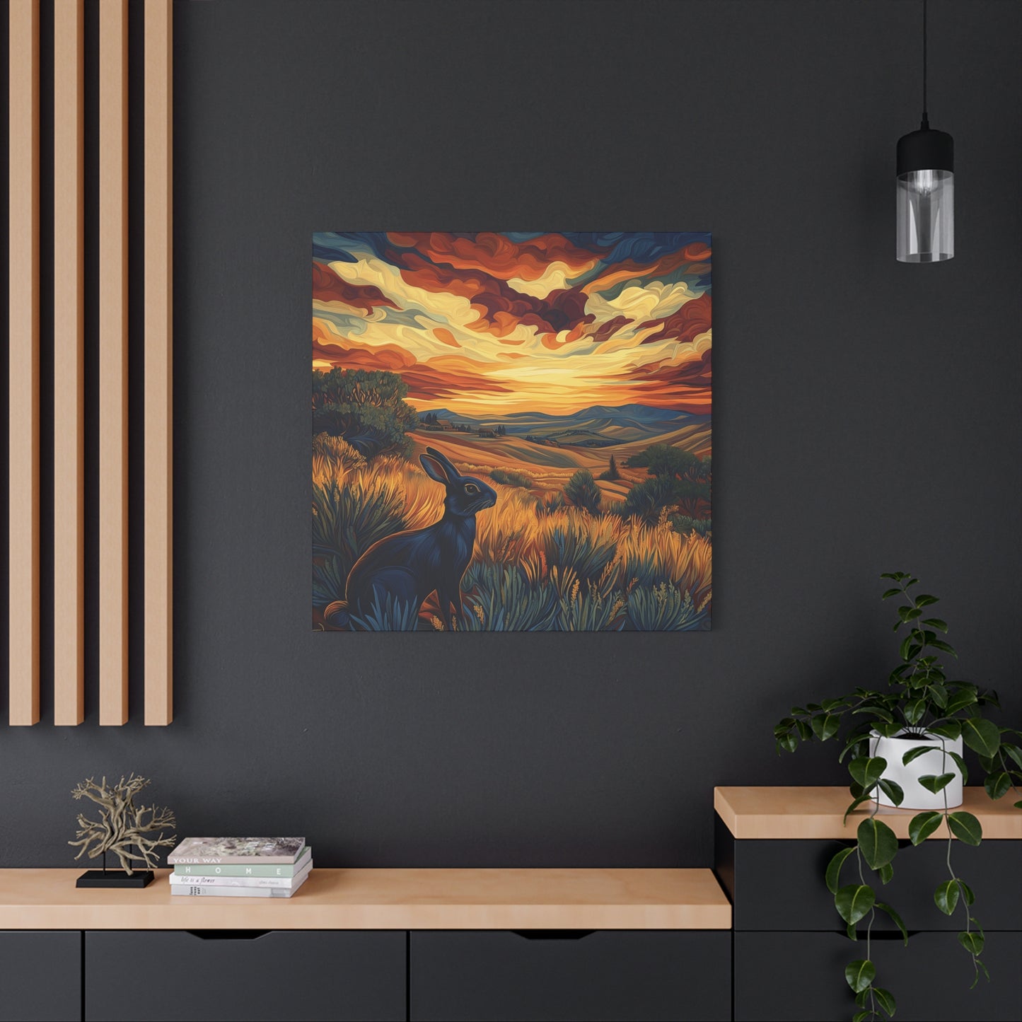 Serene Landscape Canvas Art - Black Rabbit at Sunset