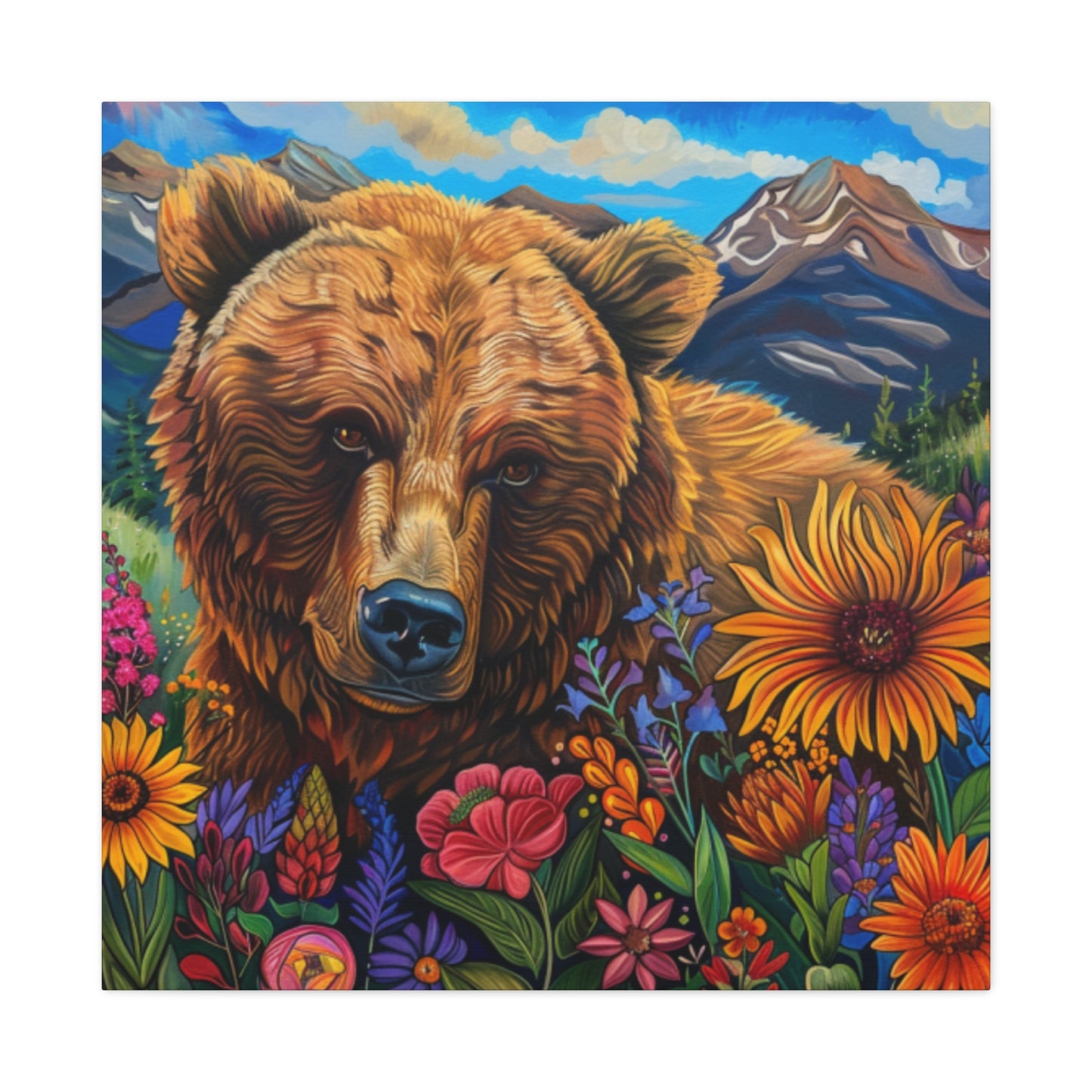 Canvas Print - Brown Bear with Wildflowers