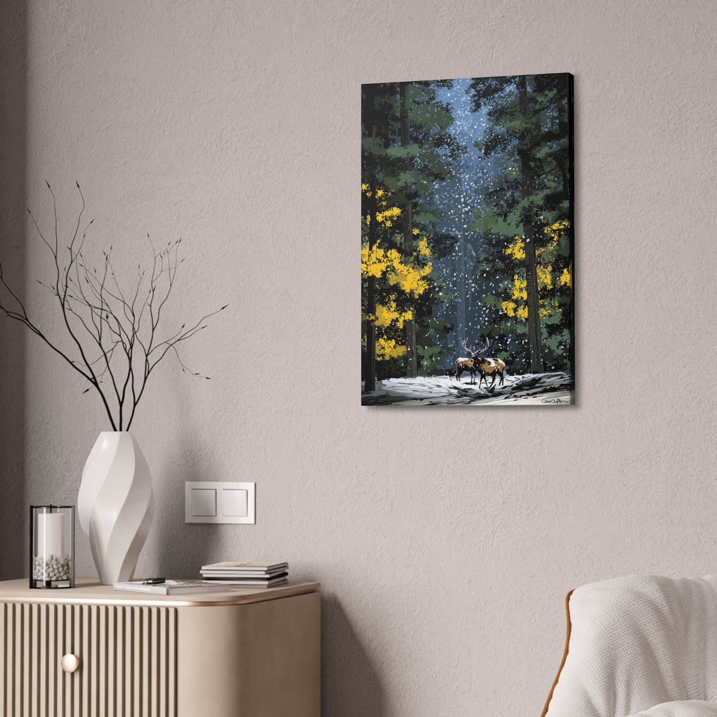 Snowy Forest Scene with Elk-1.5" depth