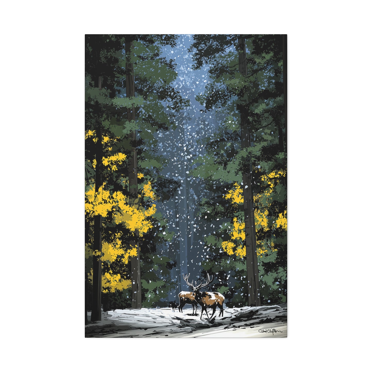 Snowy Forest Scene with Elk-1.5" depth