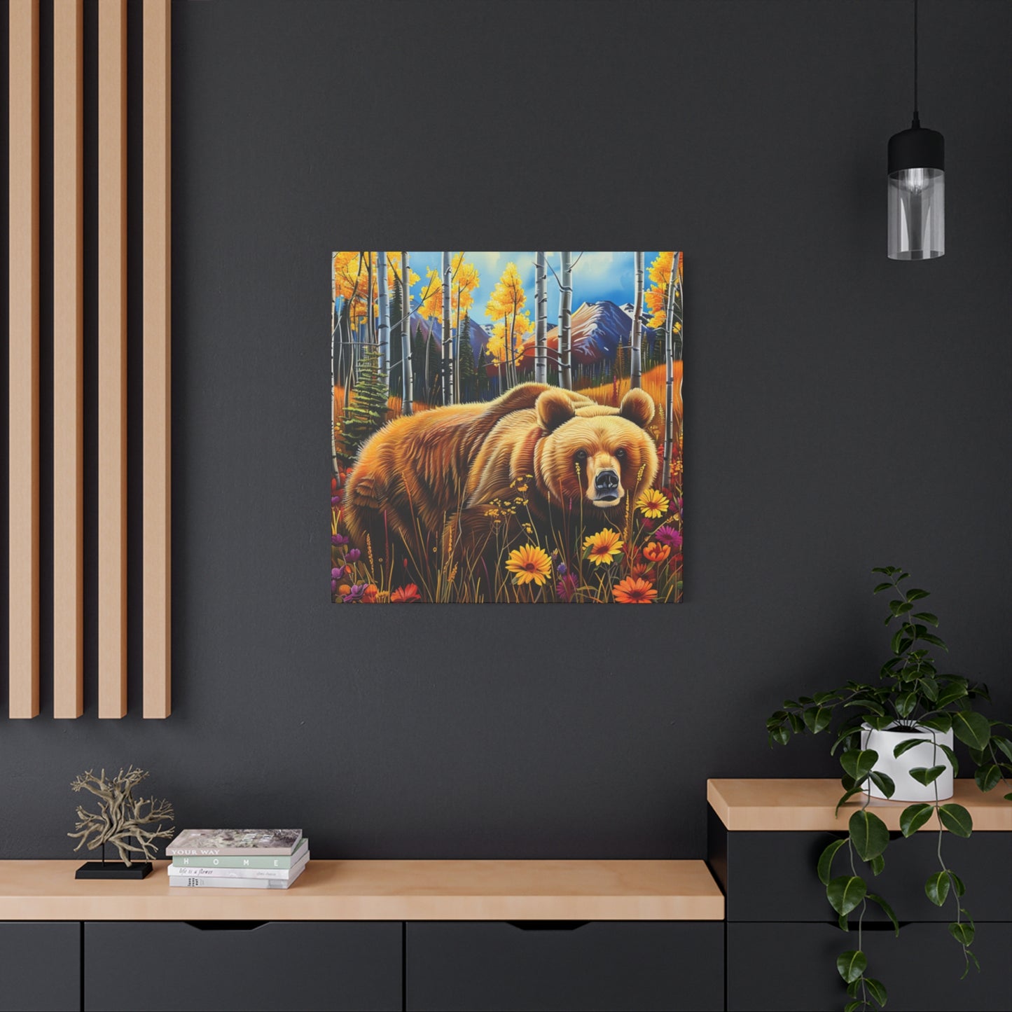 Brown Bear in Mountains smelling flowers