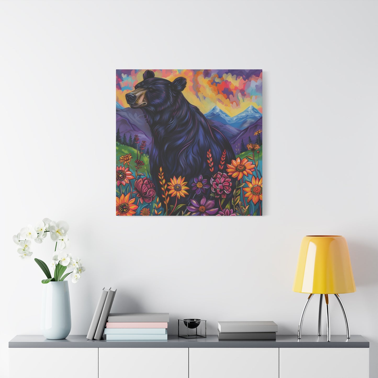 Canvas Wall Art Black Bear Purple Mountains