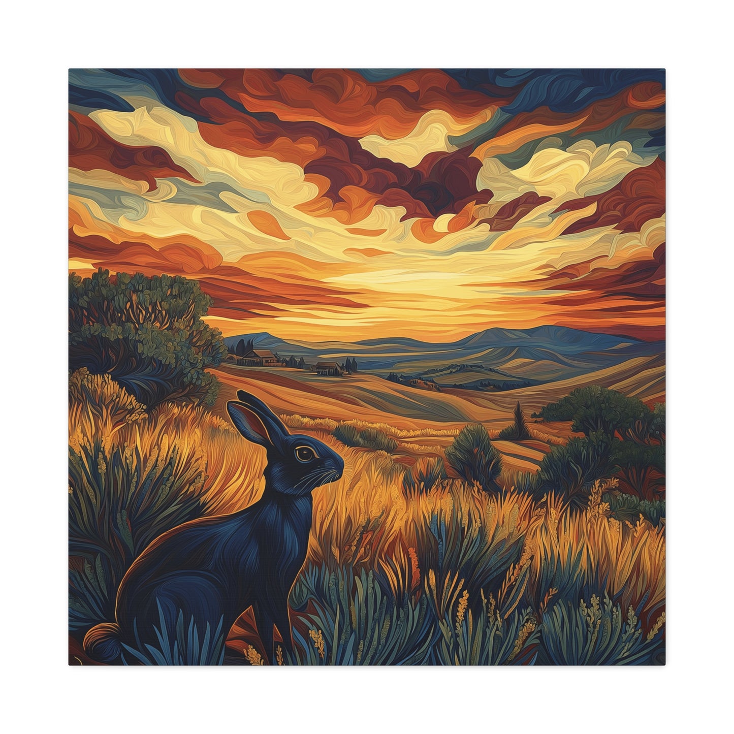 Serene Landscape Canvas Art - Black Rabbit at Sunset