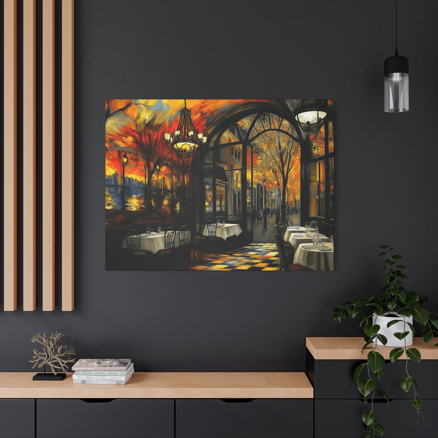 Autumn Cafe Scene Matte Canvas Artwork - Stretched Decorative Wall Art