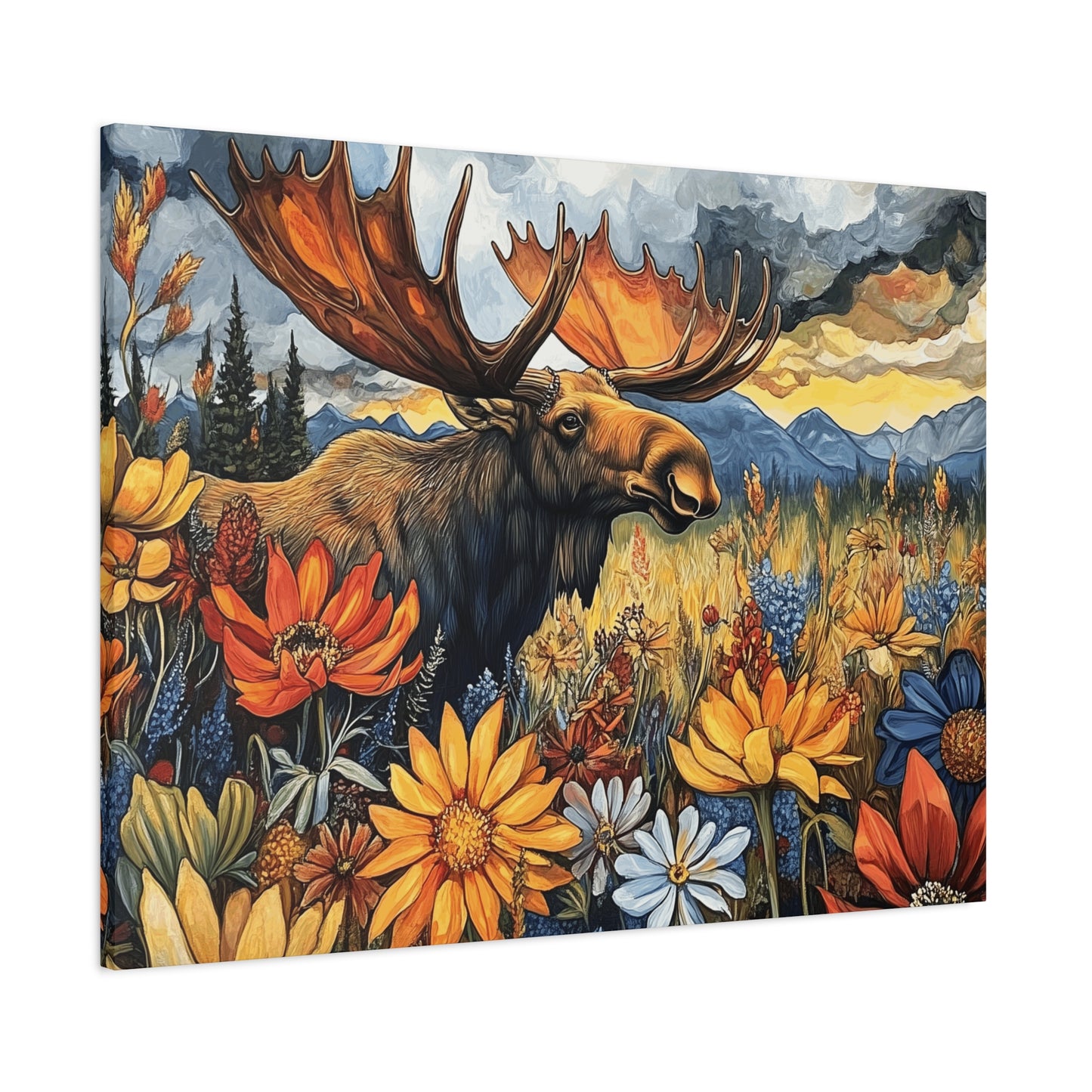 Wildlife Canvas Art - Moose in Floral Landscape