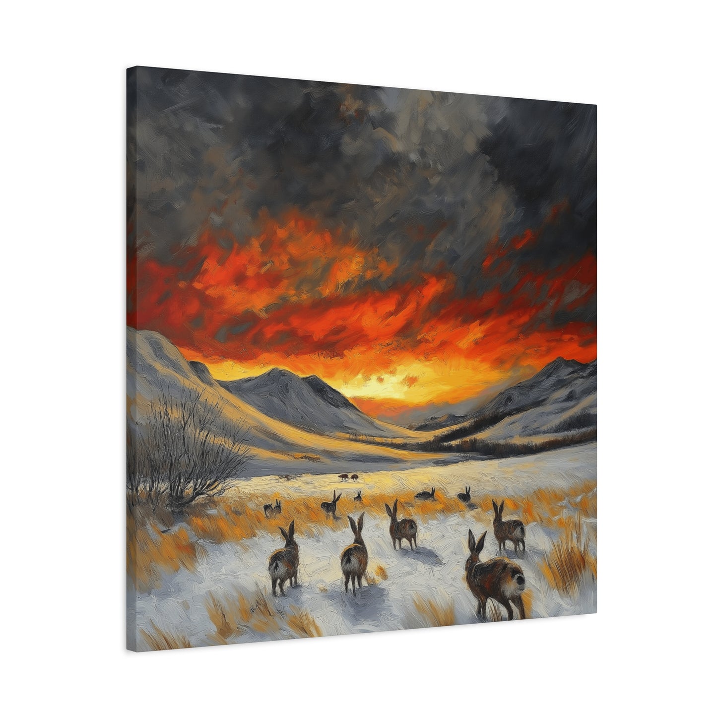 Stretched Canvas Art: Snowy Landscape with Rabbits - Perfect for Home Décor