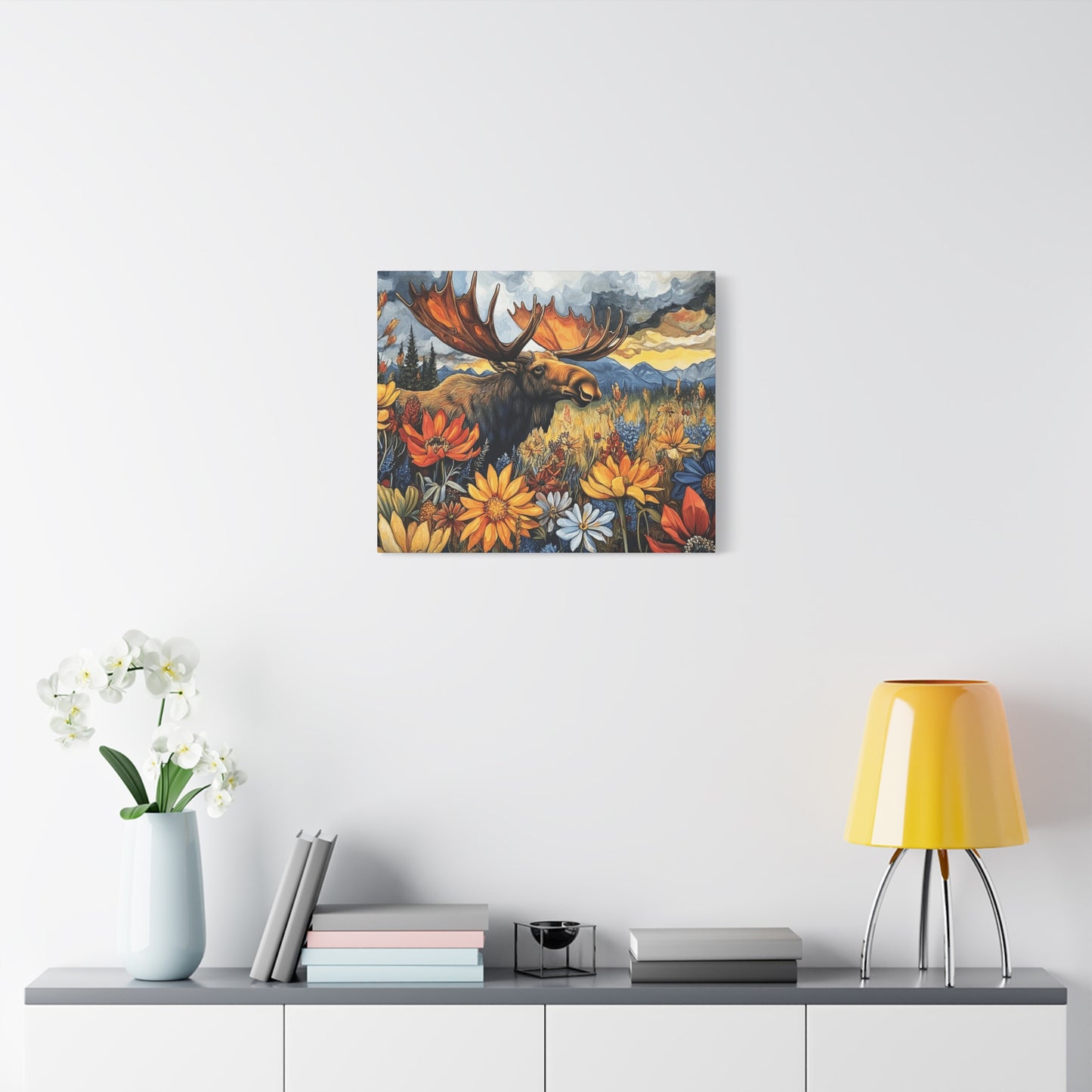 Wildlife Canvas Art - Moose in Floral Landscape