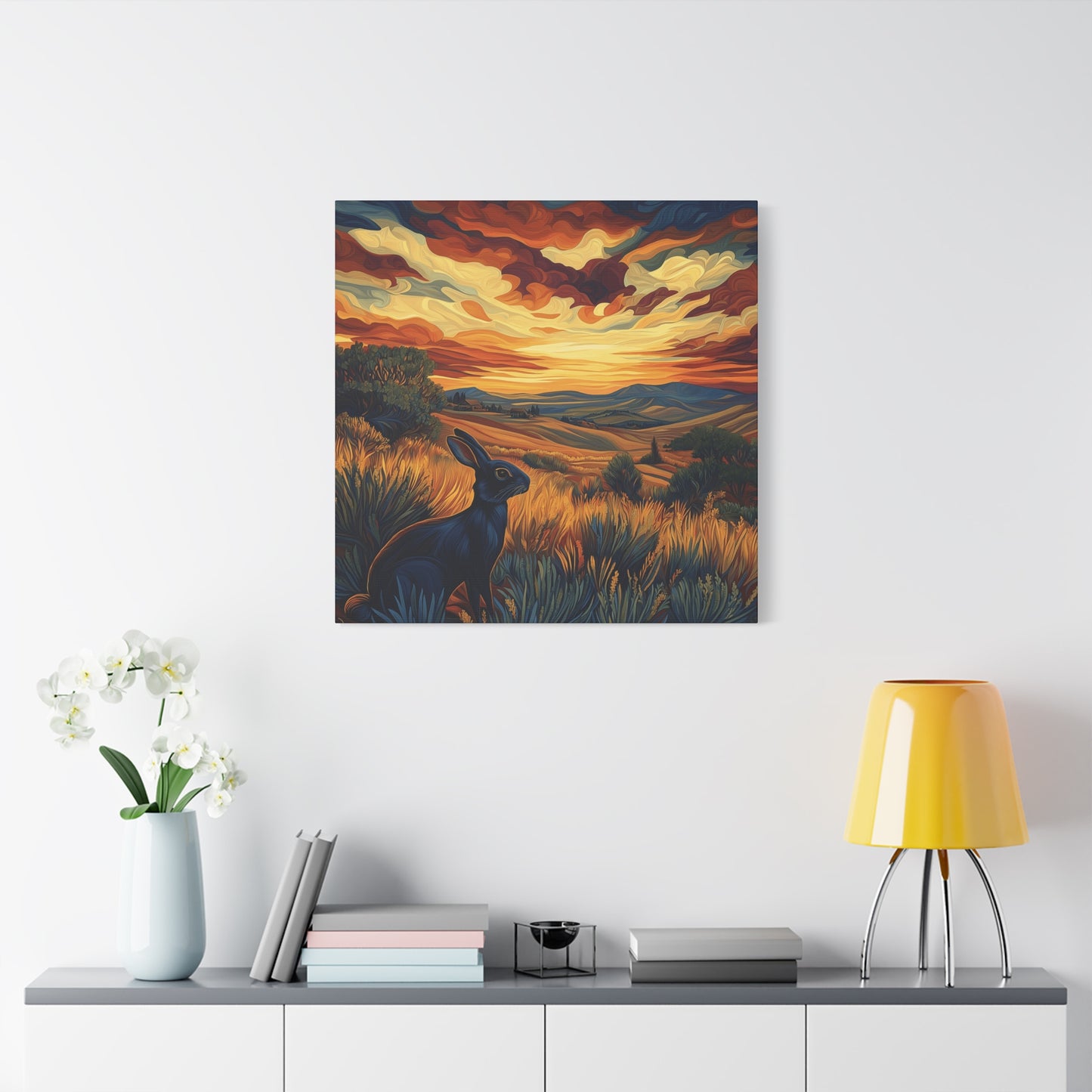 Serene Landscape Canvas Art - Black Rabbit at Sunset