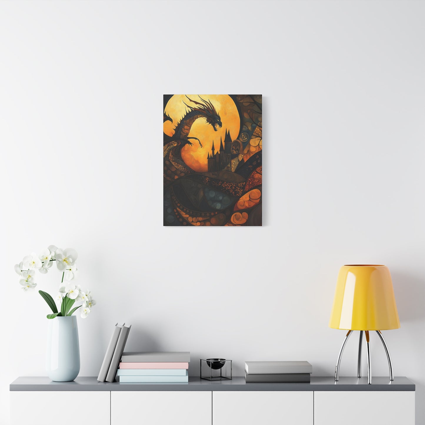 Fantasy Dragon Canvas Wall Art – Majestic Castle & Midnight Sky