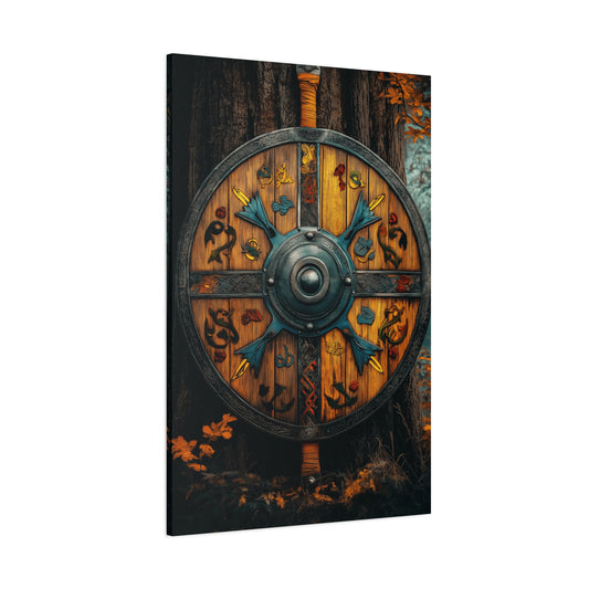 Viking Shield Wall Art - Matte Canvas Print, 1.25" Depth, Rustic Fantasy Decor