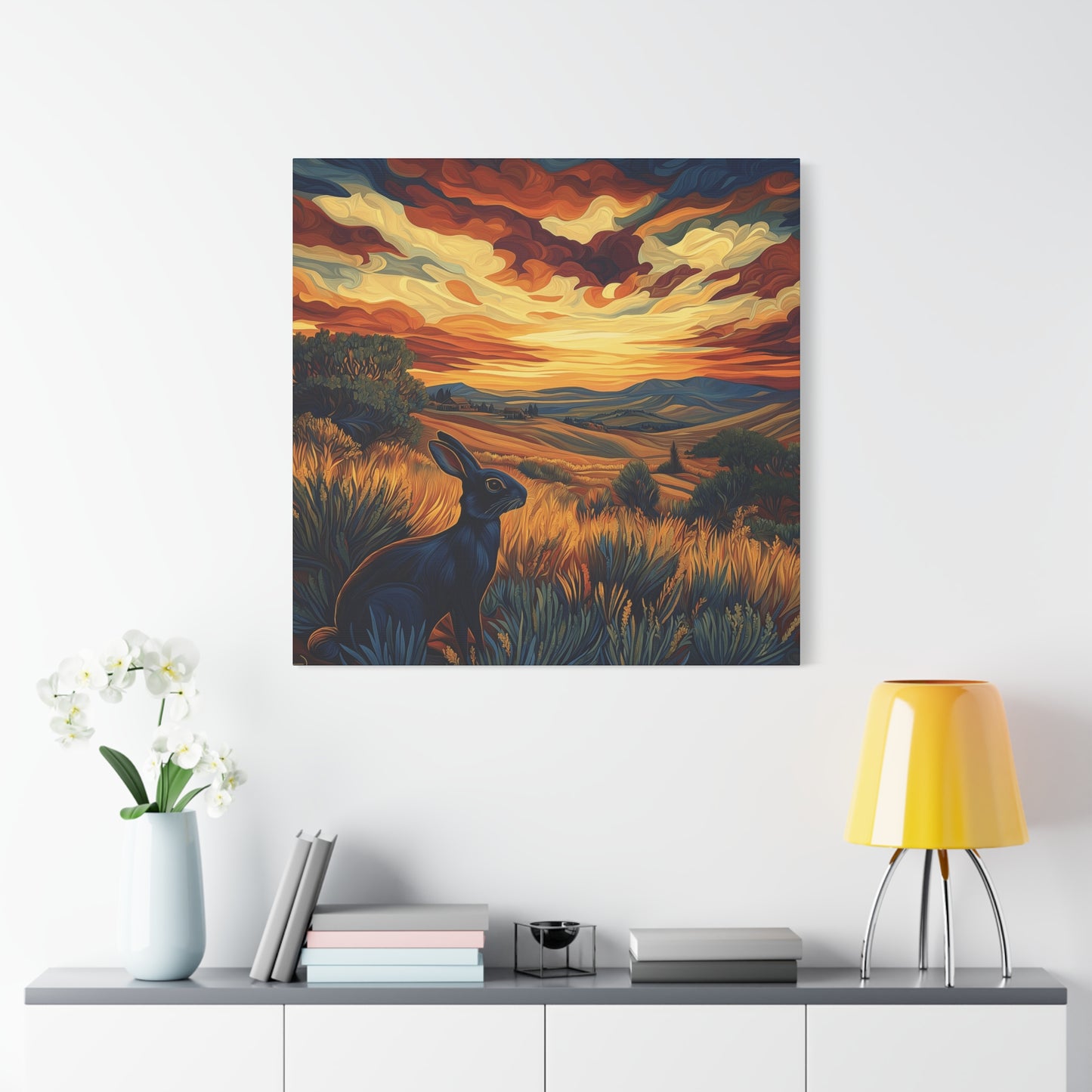 Serene Landscape Canvas Art - Black Rabbit at Sunset