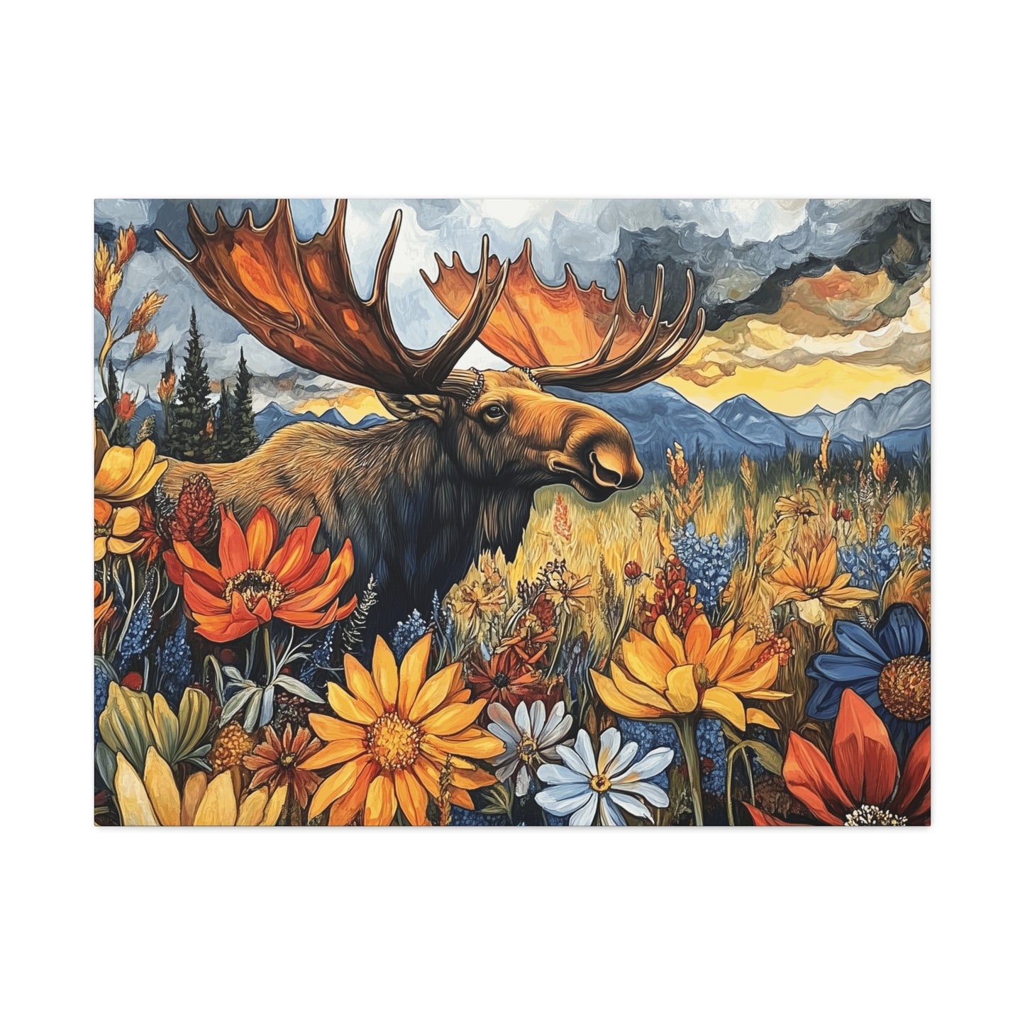 Wildlife Canvas Art - Moose in Floral Landscape