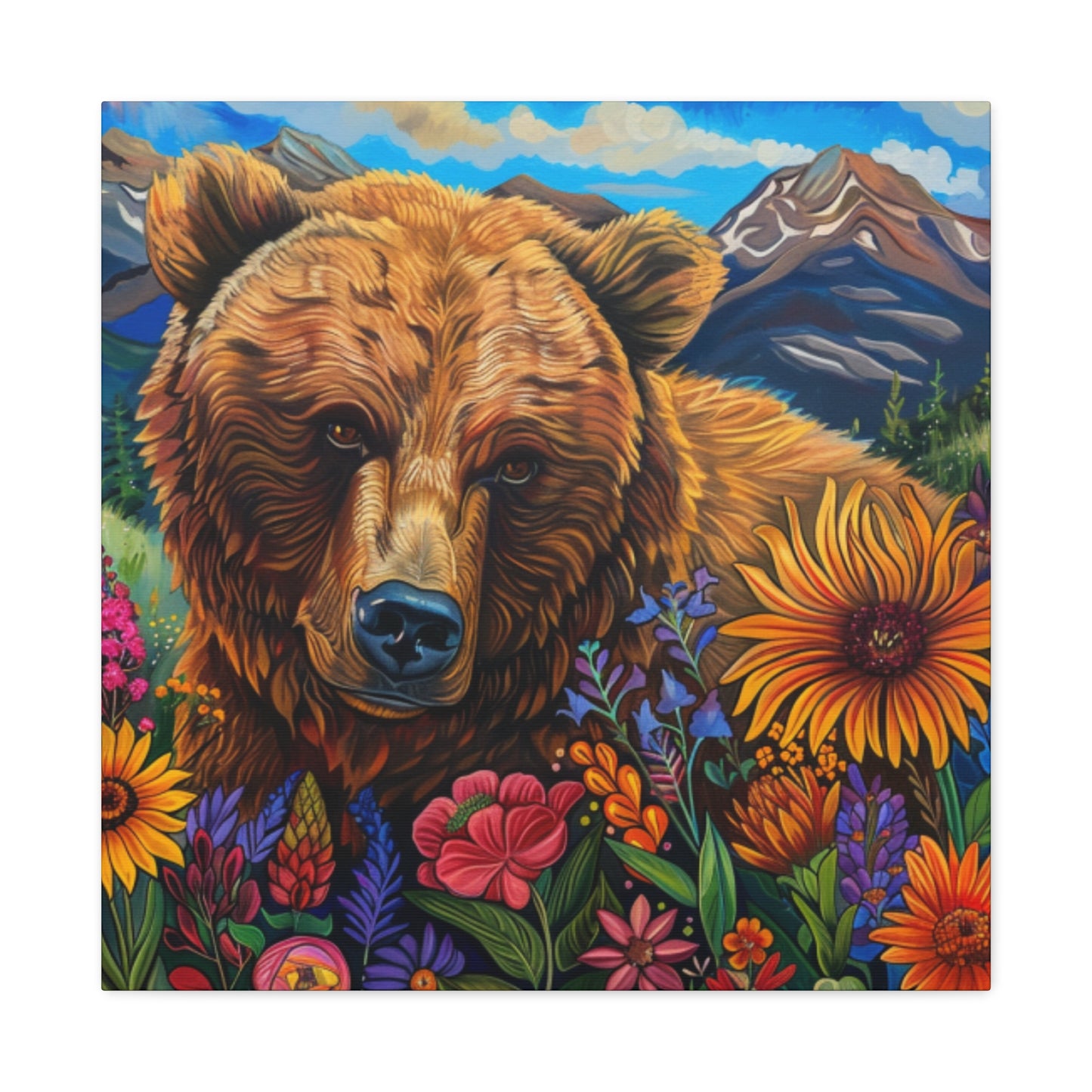 Canvas Print - Brown Bear with Wildflowers
