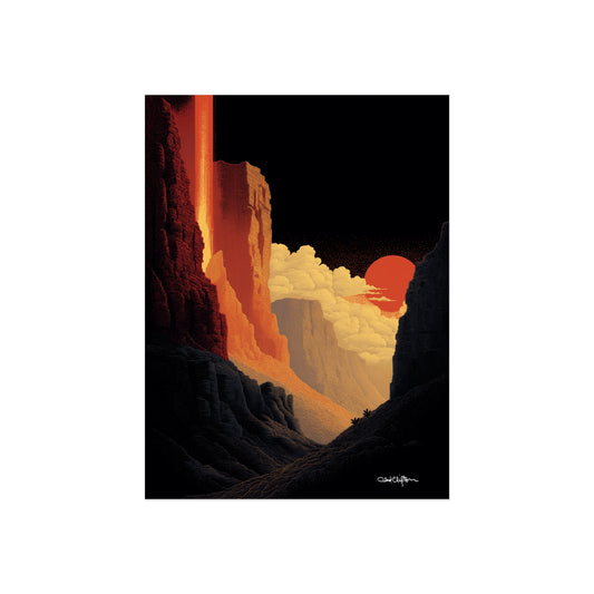 Sunset Canyon Giclee Fine Art Poster — Dramatic Red Sun Landscape Wall Art